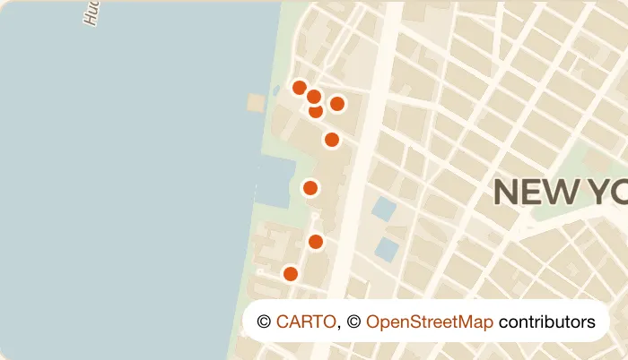 Map of 8 happy hour bars in Battery Park City