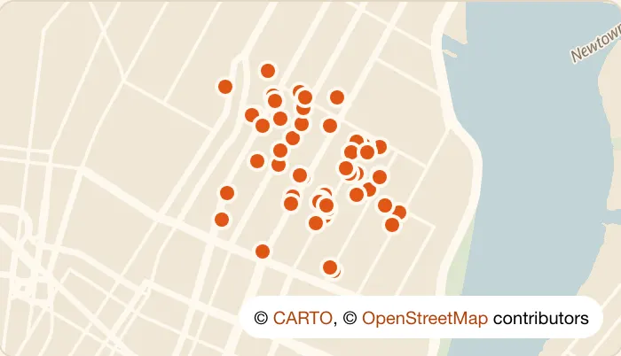 Map of 54 happy hour bars in East Village