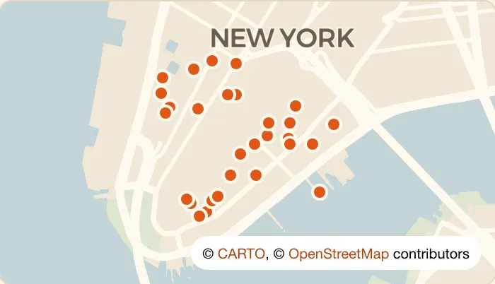 Map of 30 happy hour bars in Financial District