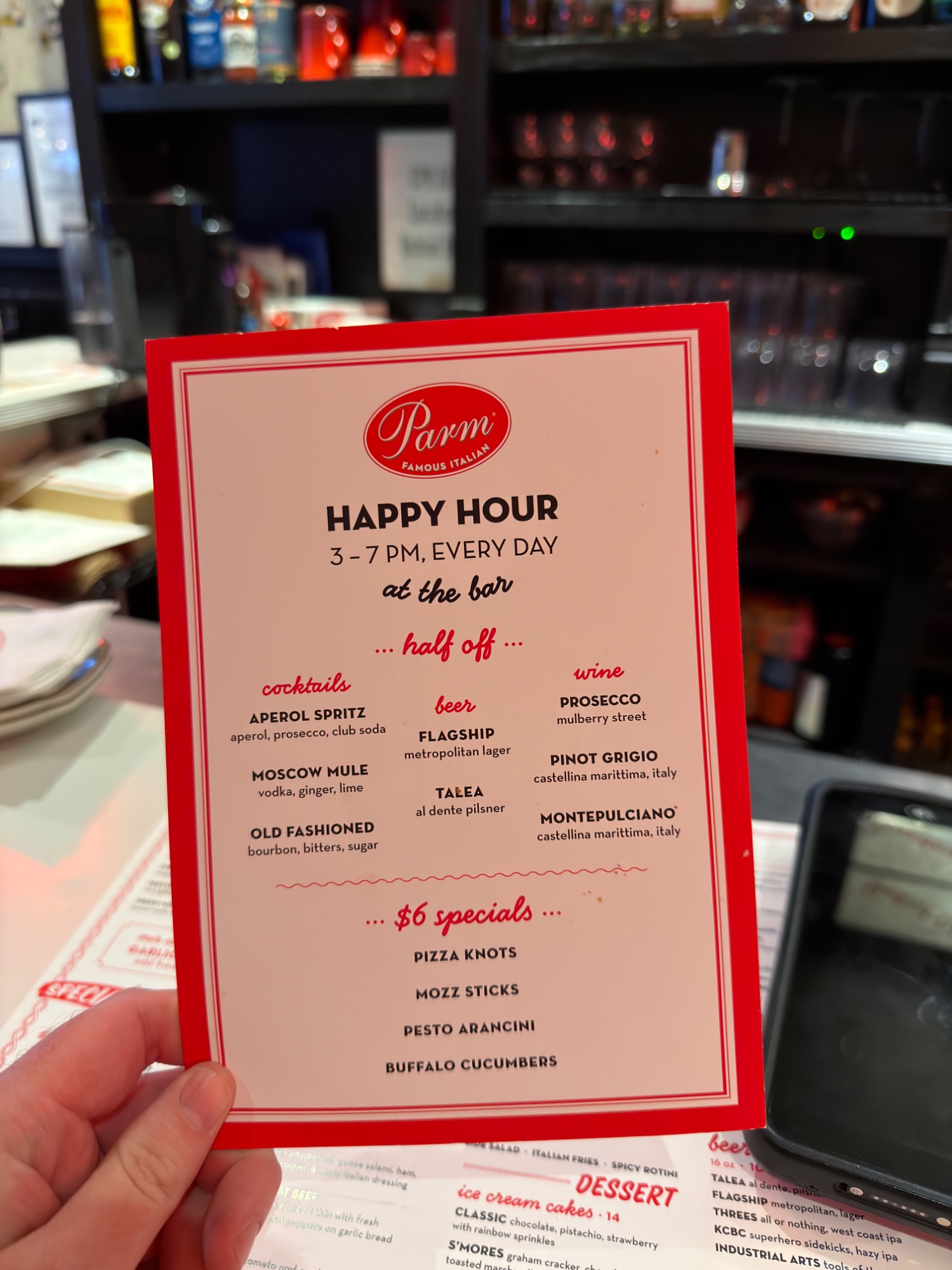 Happy hour menu at Parm Mulberry Street, photographed October 2026